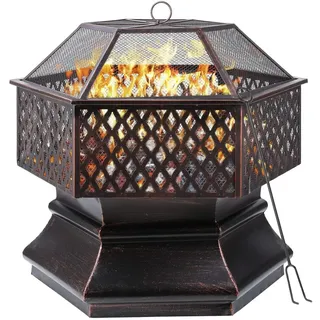 Feuerschale 66 cm - Holzkohlegrill Feuerstelle 4-in-1 für Garten - Gussmessing - Funkenschutz & Grillrost - Mit Abdeckung & Schürhaken - Silber