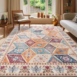 Calinline Bunt Großer Perserteppich Teppich Wohnzimmer, 140x200 cm | Vintage Kurzflor Waschbarer Teppich Orientalisch , Rutschfester Schlafzimmer Teppiche, Carpet für Esszimmer Büro Küche