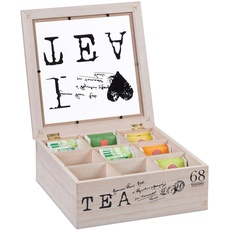 Relaxdays Teebox, 9 Fächer, HBT: 9 x 25 x 25 cm, Tee & Kaffeepads, MDF & Acryl, Teebehälter mit Deckel, natur/schwarz
