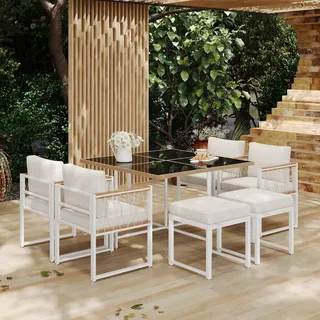 okwish Garten Lounge Set, Gartenmöbel  Sitzgruppe  Balkonmöbel-Set, 7-teiliges Esstisch und Stühle für 6 Personen, PE-Rattan mit Sitzkissen  und Rückenkissen,Holzfarbe+ Weiß - Weiß