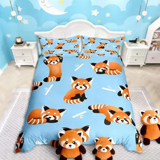 Homemissing Rot Panda Bettwäsche Set 135x200cm Niedliches Tiermuster Betten Set für Kinder Jungen Mädchen Karikatur Panda Gedruckt Bettbezug Set Tierwelt Stil 2St Blau Kinderzimmer Dekor