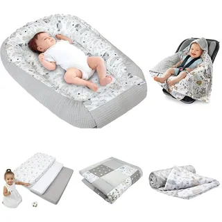 Medi Partners Bundle of Babynest Nestchen 100x60x15 + Einschlagdecke 85x85cm + Babydecke 75x100cm + Krabbeldecke für Baby Spielmatte 120x120cm + Spannbettlaken 60x120 3-Pack