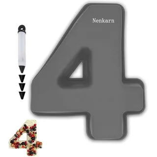 Nenkarn Silikon Backform Zahlen, Backform Zahl 4, Kuchenform Zahlen Groß 25cm, Number Cake mit Dekoration zum Backen, Geburtstag und Jahrestag, BPA frei, Anti-Stick