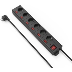 Bild von Steckdosenleiste mit Schalter, 6-fach, Überspannungsschutz, einzeln schaltbar, Wandmontage, 1.4m, schwarz