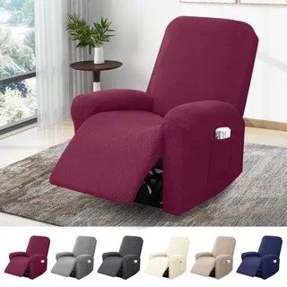 BOYIFEIJIE 1-Sitzer Sessel Überzug, Sesselbezuge Stretch mit Taschen, All-Inclusive Streifen-Jacquard Sesselschoner für Fernsehsessel Relaxsessel Sesselhusse (Weinrot, 4-Teilig)