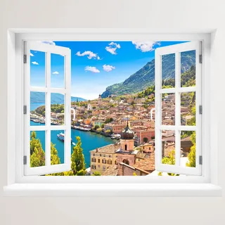 Wandtattoo - Fenster mit Aussicht - Dorf am See 100 x 78 cm – Wandsticker