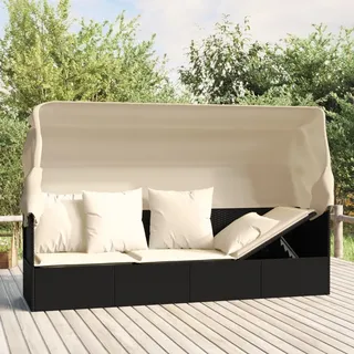 The Living Store Outdoor-Loungebett mit Dach und Kissen Schwarz Poly Rattan - Schwarz