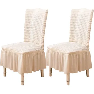 Qubjus Stuhlhussen für Esszimmer Satz von 2 Stretch Stuhl Slipcover mit Rock abnehmbar waschbar Küche Stuhl Protector Cover Set für Haus, Party, Hochzeit(Off-weiß, 2Stück)