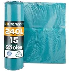 Hinrichs Müllsäcke 240L extra Stark - 15er Rolle - 100x125 cm - Extrem reißfeste Müllbeutel - Mülltüten aus Recycling LDPE - Blaue Säcke - Abfallsäcke für Garten, Haushalt & Baustelle