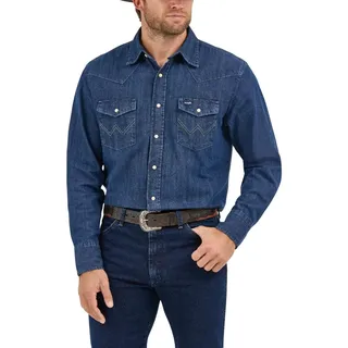 Wrangler Herren Cowboy-Schnitt, Western-arbeitshemd, Langärmelig, Druckknopfverschluss, Gewaschenes Finish Hemd, Dunkles Denim, Mittel