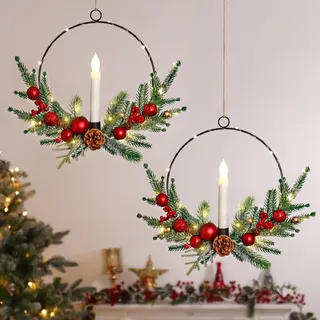 Dremisland 2er Set Weihnachtskranz mit Kerzen Lichtern 40 Prelit Weihnachtsreifen Kranz Bauernhaus Winter Tannenzapfen Türkranz Adventskranz Weihnachten Türschmuck für Haustür Veranda Kamin