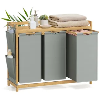 Songmics Wäschekorb 3 Fächer, Bambus, Wäschesammler 150 L, Wäschesortierer, mit Ablage, Wäschesack, kleine seitliche Taschen, Wäscheregal, 3 x 50 L, 94 x 33 x 78 cm, taubengrau RLH115G01