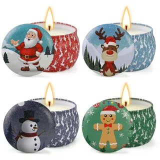 4 Stück Weihnachtsduftkerzen, Aromatherapie-Kerzen aus natürlichem Sojawachs, Geschenkset für Weihnachten, niedliche Deko-Kerzen, 5,65 oz Duftkerzen