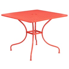 Flash Furniture Oia Terrassentisch aus Stahl für drinnen und draußen, quadratisch, 90,2 cm, mit Schirmloch, Metall, Korallenrot, 35.5" Square