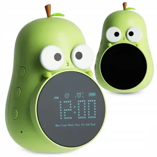 Nachttischlampe mit LED, Wecker, elektronische Uhr für Kinder, batteriebetrieben, USB-Anschluss - Grün