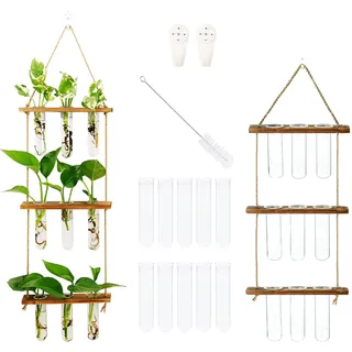 Woohome Pflanzgefäß Terrarium mit Holzständer, 3 Stöckiges Retro Hängender Glaspflanzer Hängende Reagenzglasvase, Reagenzglas Vase für Hausgarten Büro Dekor