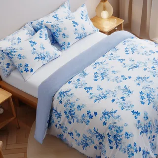 LERUUM Bettwäsche 240x220 Set Aus Baumwolle Reversible Streifen Blumen Blau Weiß Bettbezugen (240 x 220 + 2 (65 x 65)