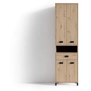byLIVING Badezimmer-Hochschrank WELLNESS / Badschrank in Artisan Eiche Optik hell-braun / Griffe aus Metall in schwarz / Badezimmerschrank 4 Türen mit offenen Elementen / B 54, H 193, T 31 cm