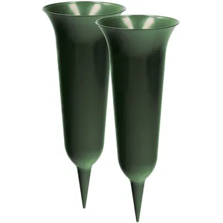 2 x Grabvase mit Erdspieß VonBueren | grün | ca. 30 x 12 cm | Friedhofsvase | Grabvasen Friedhof