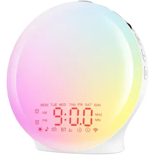 Suright Bluetooth Lichtwecker Tageslichtwecker Sonnenaufgang Wake Up Light | 17 Farblicht, 22 Schlafgeräusche, Snooze, zwei Alarme, UKW-Radio,Sunrise Alarm Clock für schwere Schläfer&Kinder