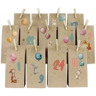 Adventskalender Set Hasen Bogen mit Papiertüten und Holzklammern Y067