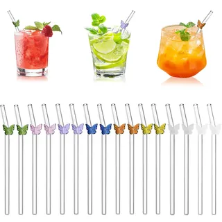 16 Glasstrohhalme Gebogen mit Schmetterlingsdeko, Wiederverwendbare Trinkhalme Glas, mit 2 Reinigungsbürsten, für Smoothies, Kaffee, Säfte, Tee, Milch