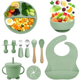 Bizcasa Silikon Baby Geschirrset,11 Stücke Rutschfest Kindergeschirr Set mit Saugnapf,Kindergeschirr Baby-Teller,BPA Frei Esslernbesteck Sets mit Löffel Gabel Schüssel Lätzchen Becher (Armeegrün)