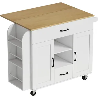 Kücheninselwagen, ausziehbare Arbeitsfläche, Soft-Close-Funktion, MDF, Weiß