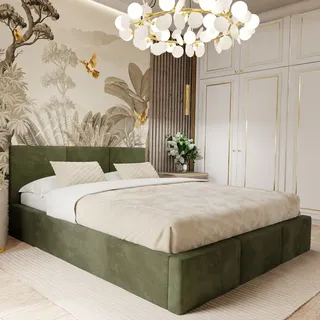 Muralo POLSTERBETT für Schlafzimmer Polsterbett mit Bettkasten und Gasdruckfeder Bett mit Polsterkopfteil Doppelbett 140x200 Bett mit Stauraum Khaki - Grün