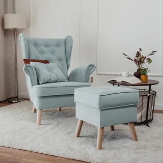Idohome - Gepolsterter Ohrensessel CLASSIC mit Hocker, Farbe: Meeresfarbe Trinity 22 - Blau