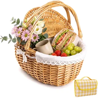 Picknickkorb 2 Personen mit Picknickdecke, Gelb, 39x29x17CM | Mit Deckel und klappbarem Griff, Waschbares Futter, Herausnehmbares Baumwollfutter, Klein