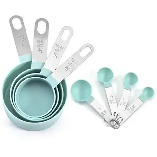 Ibenzoa® 8‐tlg. Messlöffel- & Messbecher-Set aus Edelstahl, gravierte Skalen, spülmaschinenfest, mit Aufhängeloch – präzises Messen für trockene und flüssige Zutaten beim Kochen & Backen - Blau
