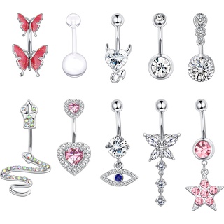 Milacolato 14G Bauchnabel Piercing Ring Belly Bar Kit Chirurgenstahl Edelstahl Dangle Bauchnabelpiercing Schmuck Lange Kette CZ Mondstein Schlange Herz Schmetterling Bauchnabel Pack rosa