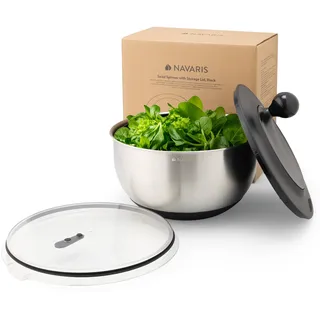 Navaris Edelstahl Salatschleuder mit Deckel inklusive Abtropfsieb und Aufbewahrungsdeckel