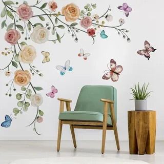 Runtoo Wandtattoo Blumenranke Rosa Wandsticker Hängende Blumen Schmetterling Wandaufkleber Wohnzimmer Schlafzimmer Kinderzimmer Babyzimmer Flur Wanddeko