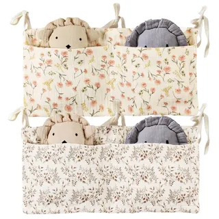 ZOCONE 2 Stück Babybett Organizer Hängend, 2-in-1 Baby Kinderzimmer Organizer Aufhängen Babybett Verstellbarer Hängeorganizer Babybetttasche für Windeln Kleidung Spielzeug (Blätter und Blume)