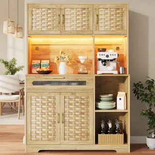Flieks Küche Hochschrank mit Schublade und 5 Türen, Küchenschrank Küchenbuffet mit Led, USB und Mikrofonfunktion, 120x40x180 cm, Naturbelassen - Naturbelassen