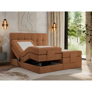 MKS MEBLE Boxspringbett 200 x 200 cm elektrisch verstellbar 7-Zonen Taschenfederkern Matratze mit Topper Bett 200 x 200 cm mit Motor Polsterbett Motorbett - Vittoria - Orange Strukture - H4 - Orange