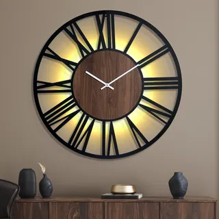 Mee 2ou Große Wanduhr mit Nachtlicht – 80 cm Metall Uhr mit leiser Ticktick, LED-Licht im Dunkeln, Vintage Holzoptik für Wohnzimmer Loft Büro Schlafzimmer Küche