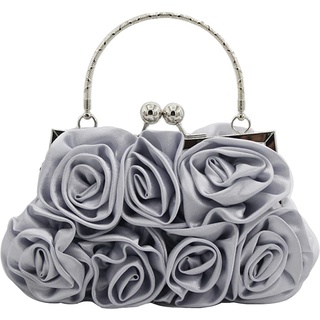 CORIOS Damen Elegante Abendtasche Blumen Clutch Tasche Handtasche mit Kette Kiss Lock Mini Rose Schultertasche Satin Umhängetasche für Hochzeit Bankett-Party Abschlussball Silber