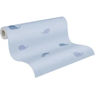 ascreation A.S. Création Kinderzimmertapete Little Love Tapete mit niedlichen Walen PVC-freie Vliestapete blau grau weiß seidenmatt glatt 381441