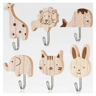 6 Stück Selbstklebende Hölzerne Tier Cartoon Wandhaken, Tier Kleiderhaken für Kinderzimmer und Schlafzimmer