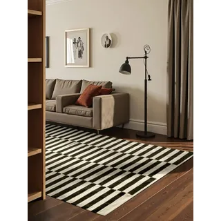 HANSE HOME Wollteppich Donna schwarz-weiss« rechteckig 5 mm Höhe Handgewebt & Natürlich - Streifen Design Wolle Modern für Wohnzimmer, Schlafzimmer, Esszimmer, Flur - Schwarz Weiß, 200x300cm