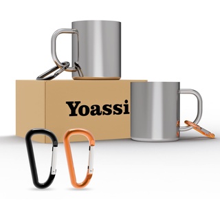 Yoassi Camping Becher Edelstahl, 2er Set Thermotasse mit Karabiner, doppelwandige Isolierbecher, Kaffeebecher Kaffeetasse Trinkbecher BPA frei für Outdoor und Camping, 300ml ohne Deckel