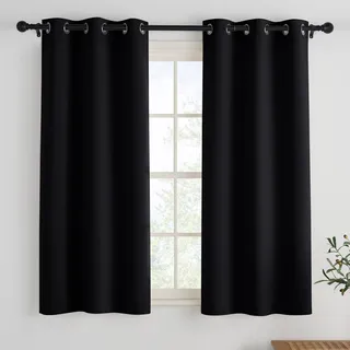 PONY DANCE Schwarze Vorhänge Kurz Blickdichte Gardinen mit Ösen | 2er Set, H137 x B90 cm, Lichtundurchlässig, Thermovorhang gegen Kälte, Scheibengardinen, für Schlafzimmer, Blackout