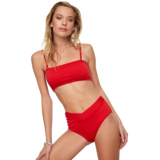 Trendyol Damen Textured V Cut High Waist Six Bikini Bottoms, Rot, 42 EU