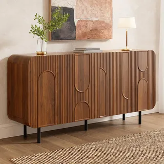 okwish Modernes Sideboard mit 8 Fächer geometrische Halbkreis-reliefs Wohnzimmerschrank mit verstellbare Einlegeböden vertikale Rillen abgerundete Ecken Metallbeine Nussbaum - Braun