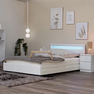 HOME DELUXE - LED Bett NUBE mit Schubladen 140 x 200 Weiß, inkl. Lattenrost - Weiß