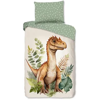 Kinderbettwäsche , Braun, Creme, Grün, Champagner , Textil , Dinosaurier , 140x200 cm , Oeko-Tex® Standard 100, BCI (Better Cotton Initiative) , atmungsaktiv , Heimtextilien, Bettwäsche & Leintücher, Kinderbettwäsche