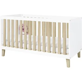 Pinolino Gitterbett , Weiß, Eichefarben , Holz, Holzwerkstoff , Eiche , massiv , 140x70 cm , zum Juniorbett umbaubar, höhenverstellbar, zum Sitzsofa umbaubar, Lattenrost inklusive, Schlupfsprossen , Babymöbel & Kindermöbel, Babyzimmer, Babybetten, Gitterbetten